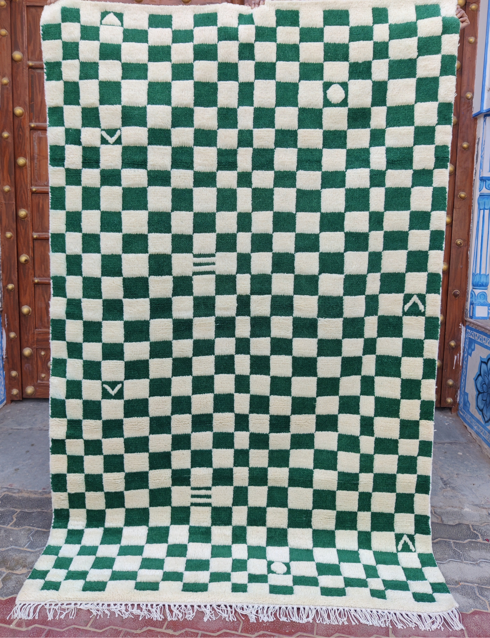 green and white checkered rug