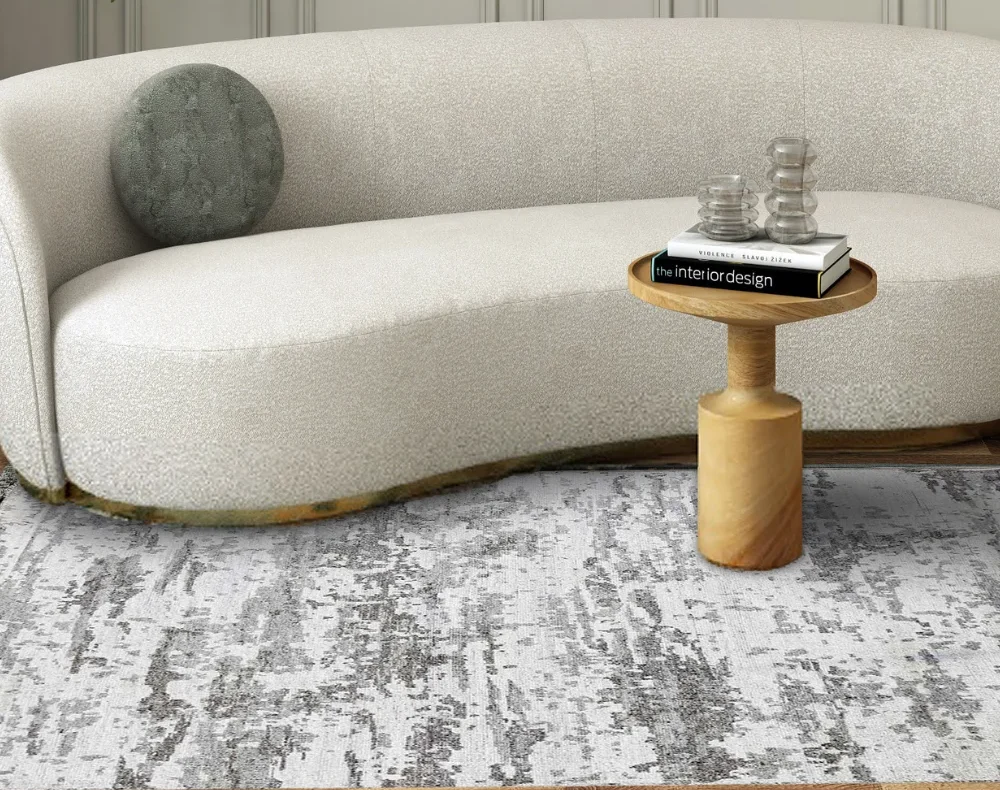 Beige and gray abstract Oushak rug in a stylish modern interior.