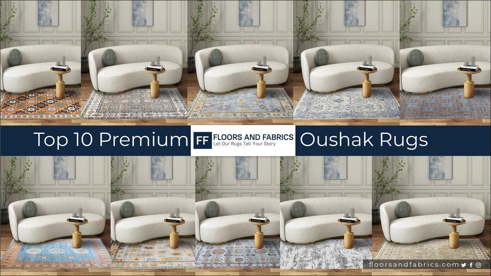 A collection of the Top 10 Premium Oushak Rugs by Floors and Fabrics, beautifully displayed in a modern living room with a white curved sofa and wooden flooring. Each handcrafted rug features intricate patterns, rich colors, and a soft texture, perfect for adding elegance and warmth to any home decor.